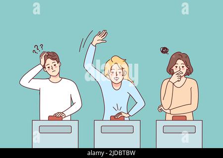 Diverse people participate in quiz show answering questions. Men and women take part in gambling game on TV. Flat vector illustration.  Stock Vector