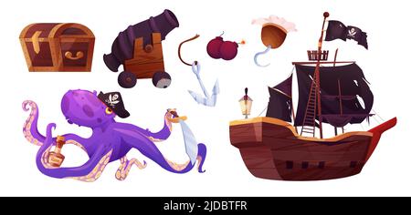 Pirates set icons in cartoon style. Flag with white skull and crossing bones. Waving black flag. Ancient parchment pirate's treasure map, bottle, pape Stock Vector