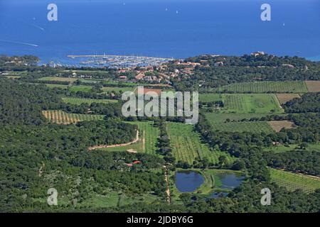 France, Var, Ile de Porquerolles is the largest and most westerly of the three islands of Hyères, the port (aerial photo) Stock Photo