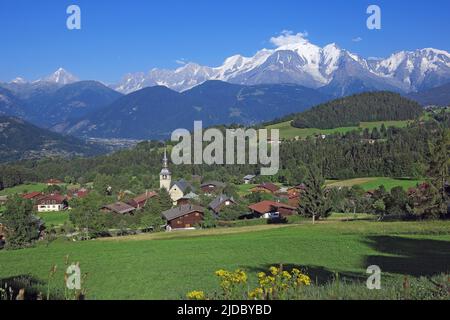 France; Haute-Savoie Cordon, the village facing the Mont-Blanc Massif, Stock Photo