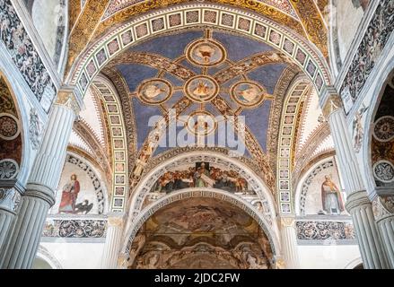 Bobbio, Italy - May 24, 2018:  Details of the frescoes of the sixteenth century in the nave of the Abbey of San Colombano Stock Photo