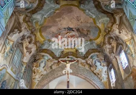 Bobbio, Italy - May 24, 2018:  Details of the frescoes of the sixteenth century in the nave of the Abbey of San Colombano Stock Photo