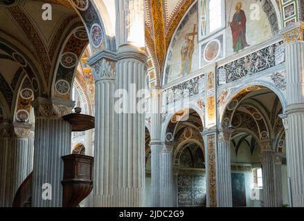 Bobbio, Italy - May 24, 2018:  The nave of the Abbey of San Colombano Stock Photo