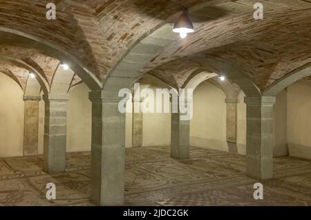 Bobbio, Italy - May 24, 2018:  The  floor mosaics of the eleventh century in the crypt of the Abbey of San Colombano Stock Photo