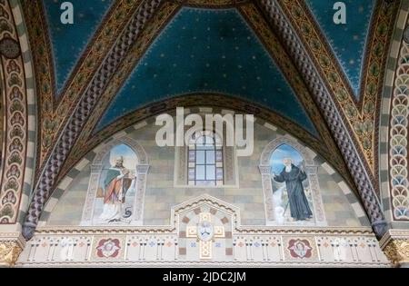 Bobbio, Italy - May 24, 2018: Detail of the frescoes of the nineteenth century in the cathedral of Santa Maria Assunta Stock Photo