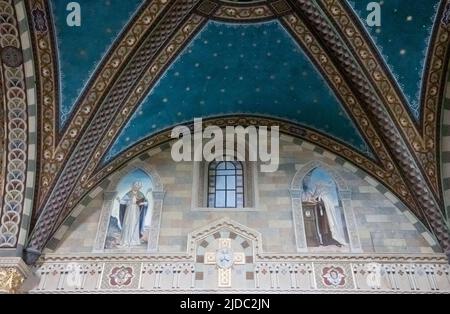 Bobbio, Italy - May 24, 2018: Detail of the frescoes of the nineteenth century in the cathedral of Santa Maria Assunta Stock Photo