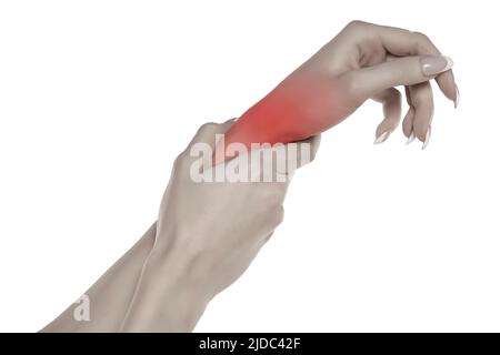 Woman with painful wrist on a white background. Stock Photo