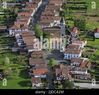 France, Pyrenees-Atlantiques (64), Ainhoa, Basque village, labeled the most beautiful villages in France, aerial photo of the village Stock Photo