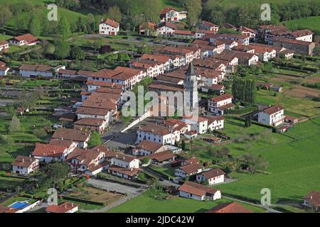 France, Pyrenees-Atlantiques, Ainhoa, Basque village, labeled the most beautiful villages in France, aerial photo of the village Stock Photo