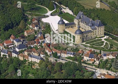 France, Dordogne Hautefort, the village topped with its castle, (aerial view)