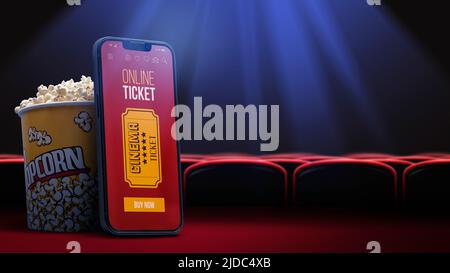 Movie tickets online booking app on smartphone, popcorn and movie seats in the background Stock Photo