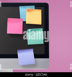 Colorful sticky notes on the computer screen, ideas and planning concept Stock Photo