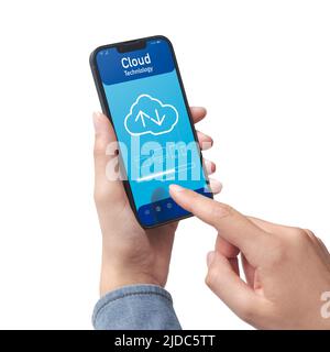 Hand holding a smartphone and cloud-based application, the user is downloading data on the device, POV shot On white background Stock Photo