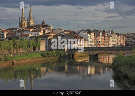 France, Pyrenees-Atlantiques (64), Bayonne, the banks of the Nive with picturesque houses had wood sides, and the cathedral Stock Photo
