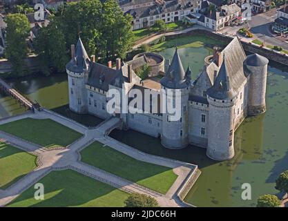 France, Loiret, Sully-sur-Loire village, the castle (aerial view) Stock Photo