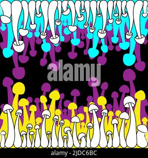Borders of outline and neon silhouettes mushrooms vector simple illustration isolated on black background. Outline and neon version. Vector mycology. Stock Vector