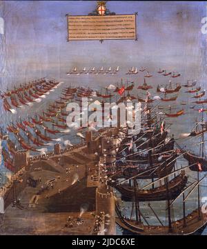 Christian fleet under the command of Andrea Doria conquering Corone in 1532, Greece, oil on canvas, 16th century. Stock Photo