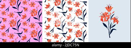 Feminine fashion concept illustration, seamless pattern and flower bouquet of tiger lily flowers. Card, print and poster designs. Flat style vector Stock Vector