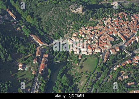 France, Hérault Olargues classified city 'Most beautiful villages of France', Parc Naturel Regional du Haut-Languedoc (aerial photo) Stock Photo