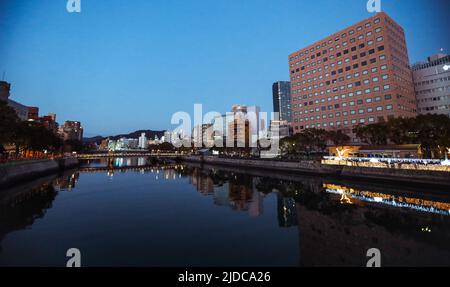 Hiroshima, Japan - January 09, 2020: Panoramic View to the Evening Hiroshima City Stock Photo