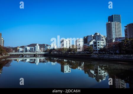 Hiroshima, Japan - January 09, 2020: Panoramic View to the Evening Hiroshima City Stock Photo