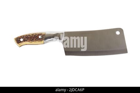Meat cleaver isolated on white background. Stainless steel Kitchen knife or Butcher cleaver, closeup Stock Photo
