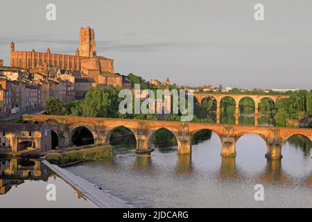 France, Tarn Albi, the fortified cathedral Sainte-Cécile, old bridge over the Tarn Stock Photo