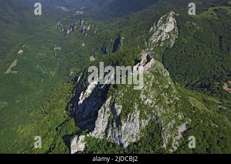 France, Ariege, Montsegur vestige of the castle said Cathar (aerial view) Stock Photo
