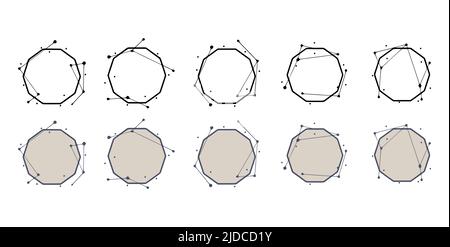 Polygon geometric frame in hand drawn style. Abstract templates for titles or inscriptions, set of shapes made from lines and dots. Stock Vector