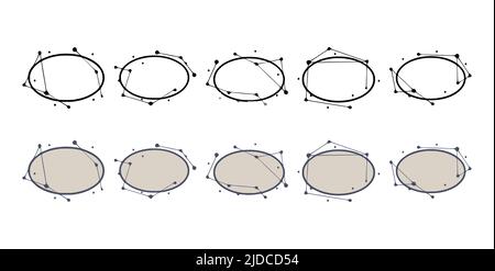 Ellipse geometric frames in hand drawn style. Abstract templates for titles or inscriptions, set of shapes made from lines and dots. Stock Vector