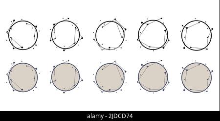 Round geometric frames in hand drawn style. Abstract templates for titles or inscriptions, set of shapes made from lines and dots. Stock Vector