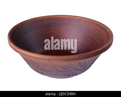 Handmade ceramic clay soup plate isolated on white Stock Photo