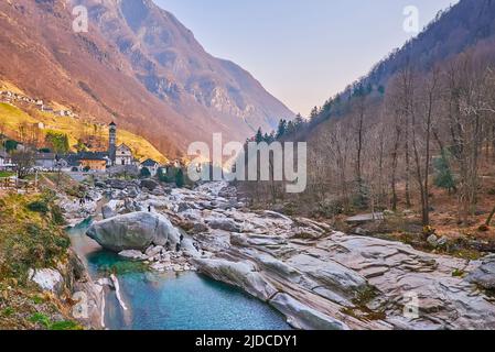 Lavertezzo village is located in Valle Verzasca and it's famous for the picturesque landscapes, rocks on riverbed of Verzasca River, Salt Bridge and C Stock Photo