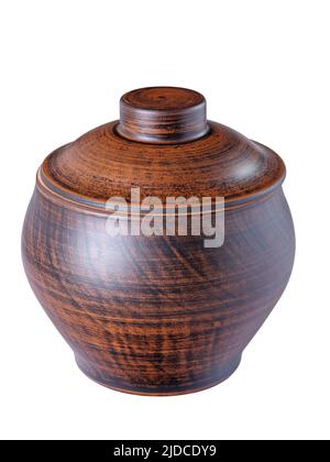 Clay ceramic pot dishware with lid isolated on white Stock Photo
