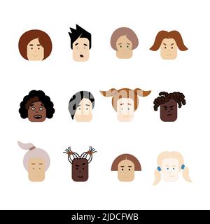 vector illustration of basic emotions and other in cartoon comic style. Diversity of People heads with different feelings types. Stock Vector