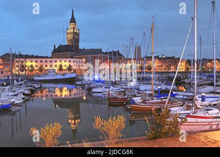 France, Nord, Dunkirk, the marina at night, the belfry Stock Photo