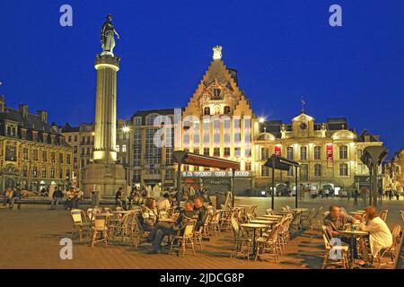 France, Nord, Lille, Charles de Gaulle square, café terrace, night lighting Stock Photo