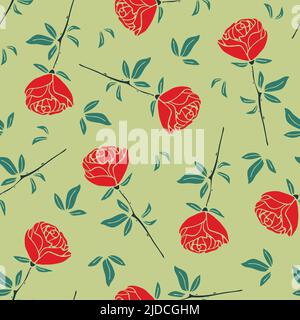Seamless vector pattern with red roses on green background. Simple romantic vintage floral wallpaper design. Decorative valentines day fashion textile Stock Vector