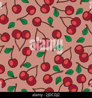 Seamless vector repeat pattern with ripe red cherry berries and leaves on pink background. Tasty fruit wallpaper design. Healthy eating. Stock Vector