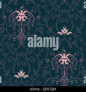 Seamless vector pattern with purple phoenix on blue background. Beautiful floral vintage wallpaper design with curved lines. Stock Vector