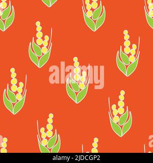 Seamless vector pattern with flower symbols on orange background. Simple floral wallpaper design with pastel colours. Abstract nature fashion textile. Stock Vector