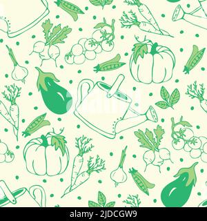 Seamless vector pattern with hand drawn vegetables on green background. Simple summer garden wallpaper design. Decorative life style fashion textile. Stock Vector