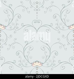 Seamless vector pattern with lotus flower on light blue background. Calm floral wallpaper design with curved lines. Yoga meditation fashion textile. Stock Vector