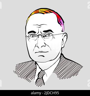 Harry S. Truman colorful hair vector drawing. Hand-drawn outline sketch. Drawing for use on any marketing project and for resale as print. Stock Vector