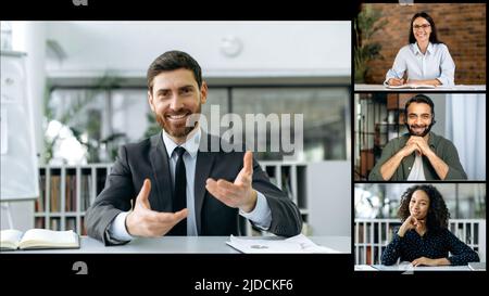 Collage of multiracial business partners. A group of diversity people, of different ages, gathered in a video conference, talking with their caucasian business leader, looking at the camera, smiling Stock Photo