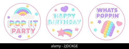 Set of three Birthday favor tags popi it fidget toy vector design with illustrations and text. Happy Birthday gift printable circle cards or labels in Stock Vector