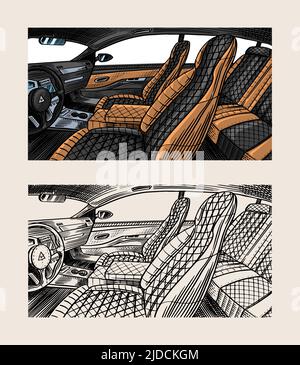 leather car seat. Auto detailing. Dry cleaning motor. Wrapping Vehicle service or Automobile center. Hand drawn sketch line.  Stock Vector