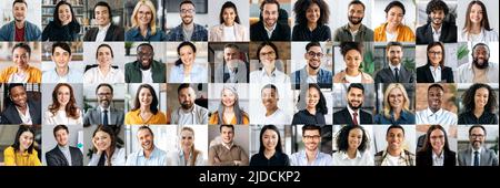 Panoramic collage of a lot of happy positive multiracial people looking at the camera. Many smiling multiethnic faces of successful business people of different ages, smiling friendly into the camera Stock Photo