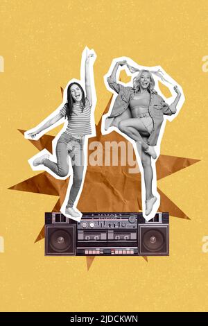 Vertical collage picture of two overjoyed cheerful people black white colors enjoy dancing big boombox Stock Photo