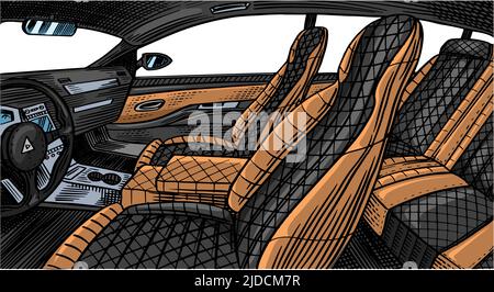 leather car seat. Auto detailing. Dry cleaning motor. Wrapping Vehicle service or Automobile center. Hand drawn sketch line.  Stock Vector